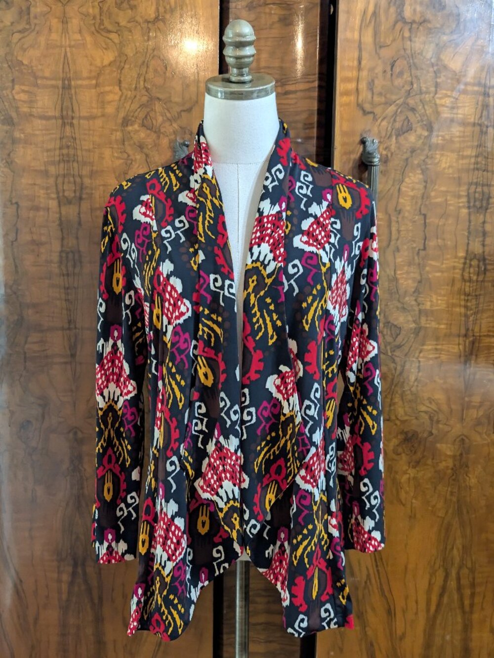 Travel Elements Open Front Cardigan Jacket M Lightweight Draped Bold Art to Wear
